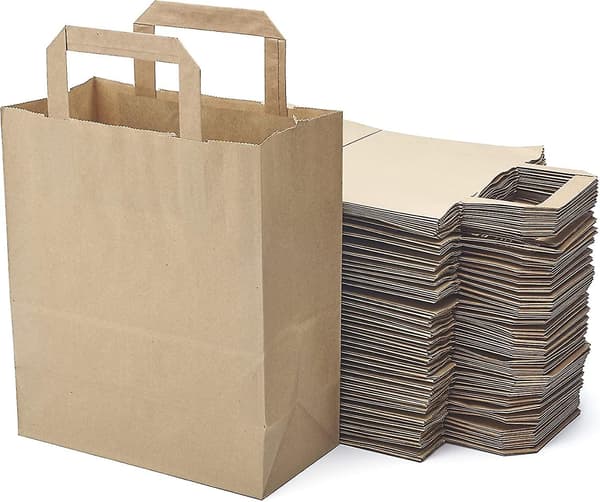 Sæt med 50 Brune Papirposer i Kraftpapir med Flade Håndtag - 21x11x25 Cm - Indkøbspose/Gaveindpakning til Fødselsdag, Jul, Bryllup.
