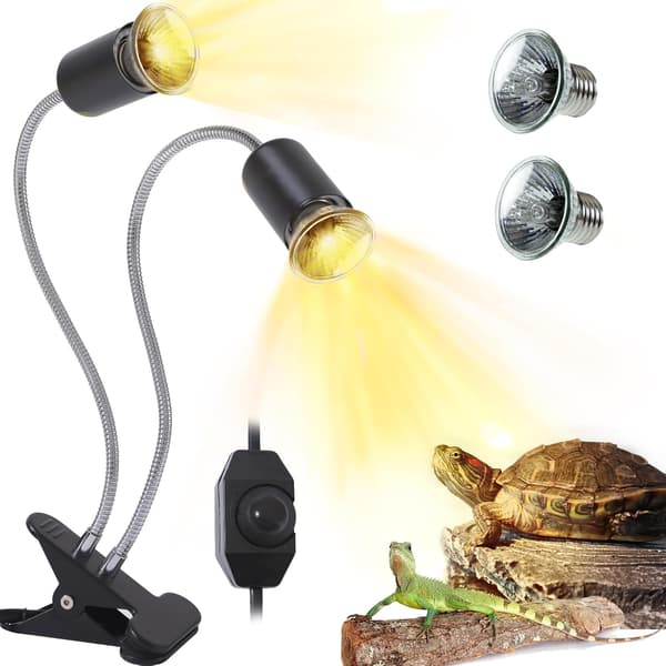 Skilpaddevarmelampe, dobbeltlampe, reptil- og amfibielampe med 2 x 50W UVA/UVB halogenpærer, Kompatibel med skilpadder, kameleoner osv., gult lys