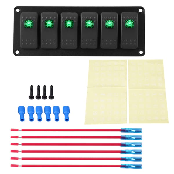 6-veis vippebryterpanel med grønn LED for bil RV Båt Yacht Marine (12-24V)