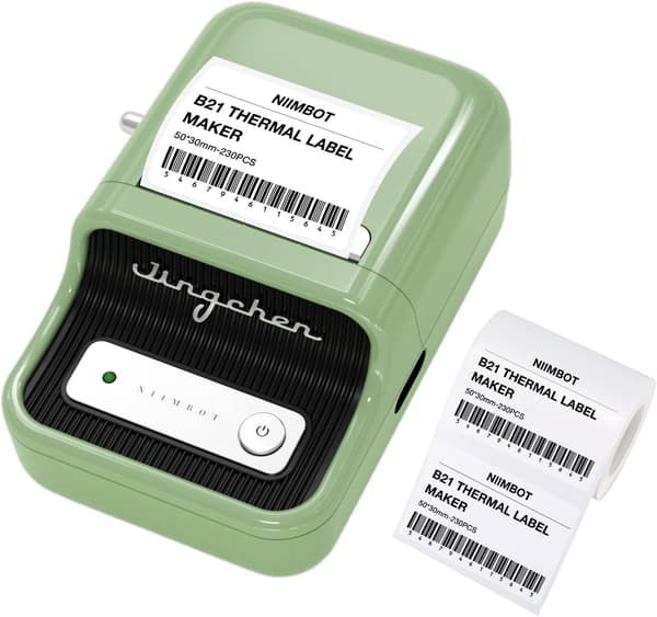 B21 Etiketmaskine, Bluetooth Stregkodeetiketprinter Udskrivningsstørrelse 20-50 mm, Kompatibel med iOS & Android med 1 rulle startpapir i hvid