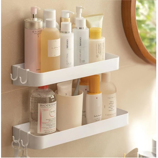 Baderomshyller uten boring, sett med 2, dusjhylle med 6 avtagbare kroker, baderomshylle, baderomshyller, vask, vegg hylle for bad