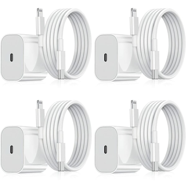 No name Oplader Til Iphone - Hurtigoplader Adapter + Kabel 20w Usb-c White 4-pack