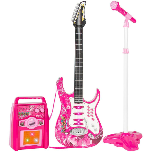 No name Elektrisk Guitar Med Forstærker Og Mikrofon Til Børn - Pink