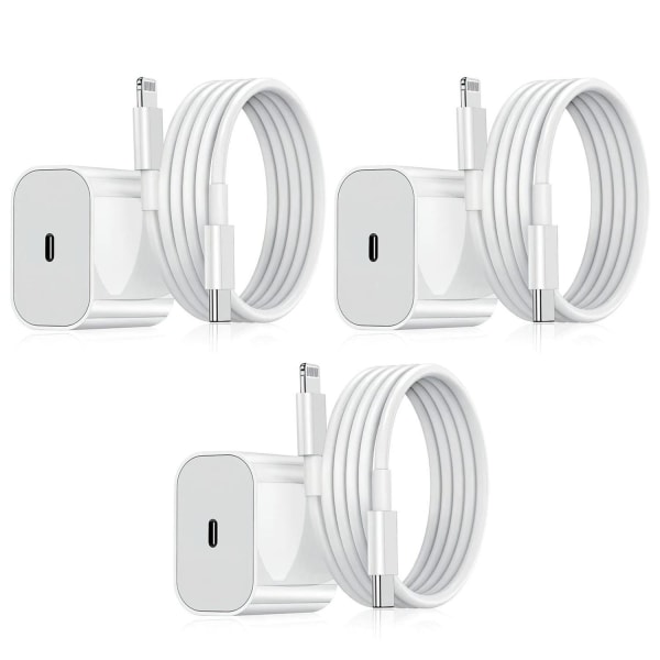 No name Oplader Til Iphone - Hurtigoplader Adapter + Kabel 20w Usb-c White 3-pack
