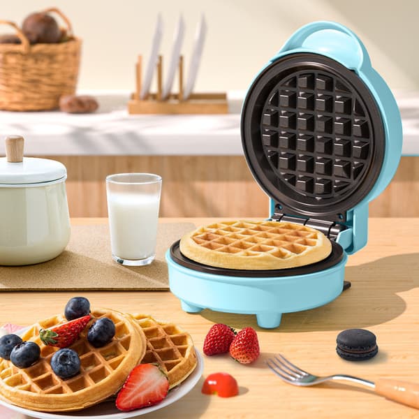 Mini vaffeljern, vaffelmaskin, tydelig indikatorlys, non-stick belegg, kjølig håndtak, kompakt størrelse