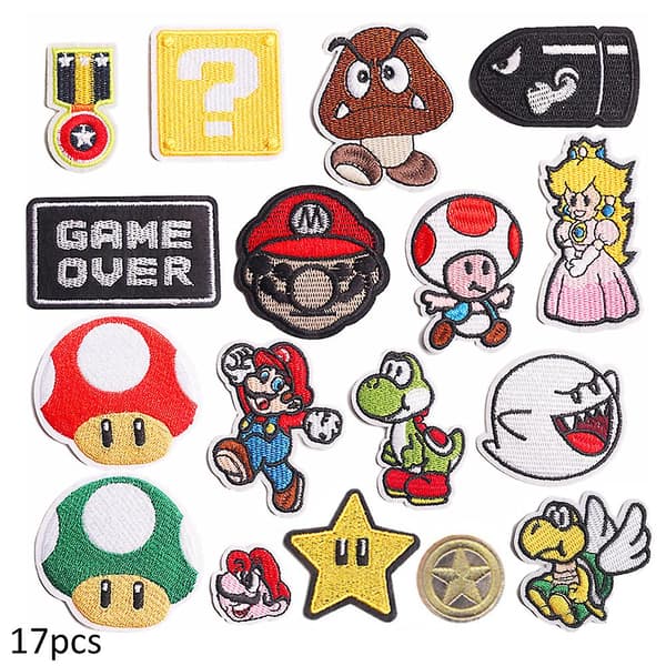17 stk. Super Mario tegneserie tema broderede mærker, påsy eller stryg på dekorative applikationer til tøj, kjole, hat, jeans, DIY tilbehør