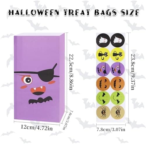 24 Pakke Halloween Godteri Gave Papirposer - Knask eller Knep Poser for Barnefest med 24 Klistremerker, 6 Stiler Mini Flat Bunn Papir Godteposer f