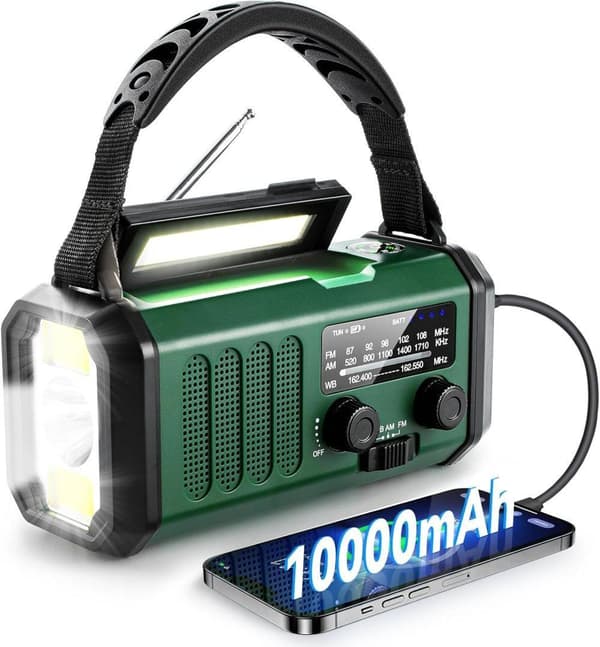 Nødradio med lommelykt, 10000mAh solcelledrevet sveiveradio, AM/FM væradio, SOS-alarm, Type-C lading grønn
