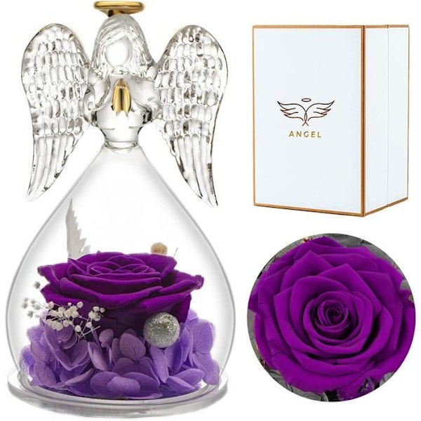 Bevaret rose i englefigur — evig blomst som gave