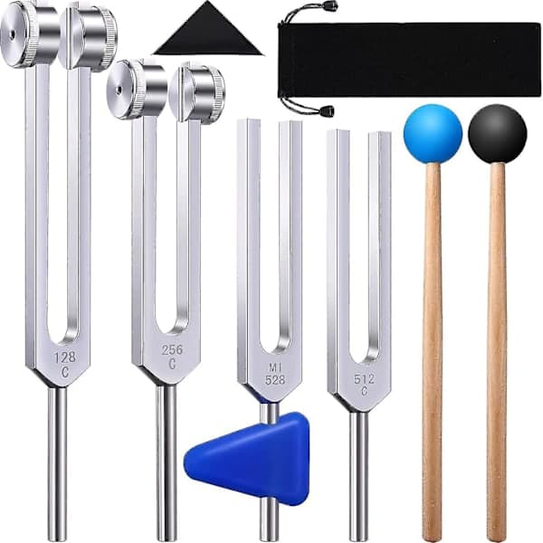 4-paknings stemmegaffelsett (128 Hz, 256 Hz, 512 Hz, 528 Hz) med stemmegaffelhammer for lydvibrasjon