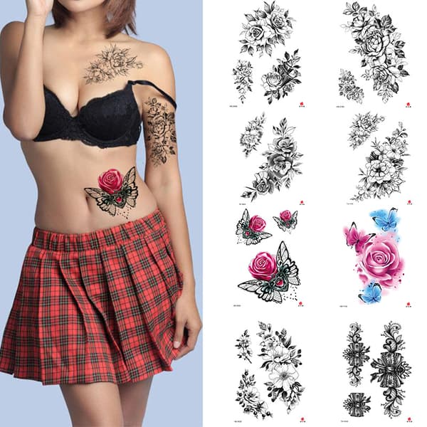 8-delt tilfeldig tatoveringsmerke arm tatoveringsklistremerke skisse svart og hvit farge blomst tatoveringsklistremerke vanntett tatoveringsklistremer