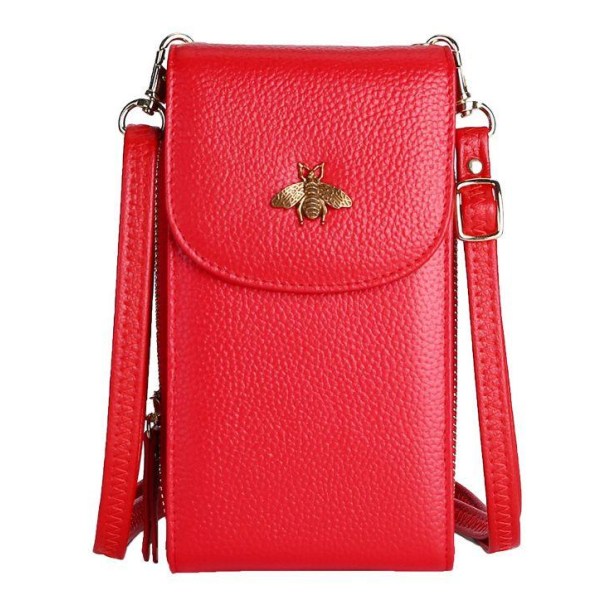 Angelbaby Ægte Læder Mobiltaske Pungkortholdertaske Med Skulderrem Red