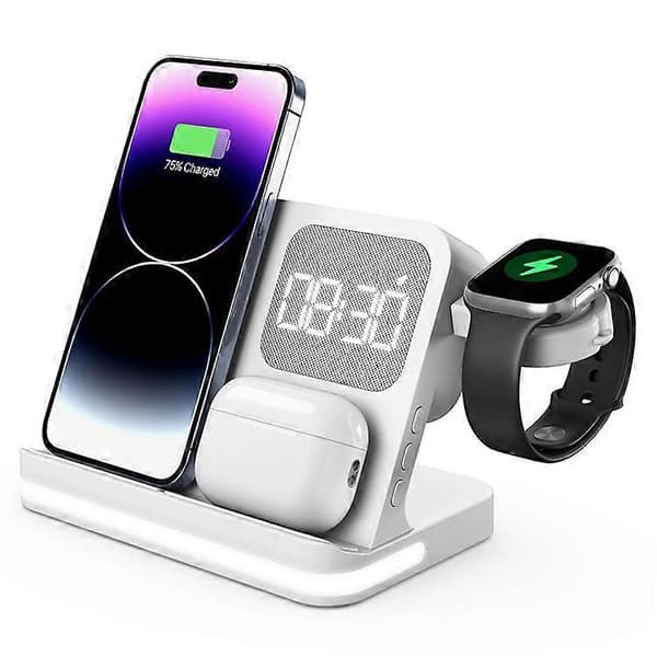 B-22 3-i-1 trådløs lader 15W ladestasjon kompatibel for iPhone / Apple Watch, AirPods med vekkerklokke