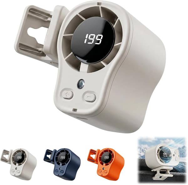 Bilvifte med LED-skjerm, 360° roterbar, 199 hastigheter, USB oppladbar vifte for bil og camping