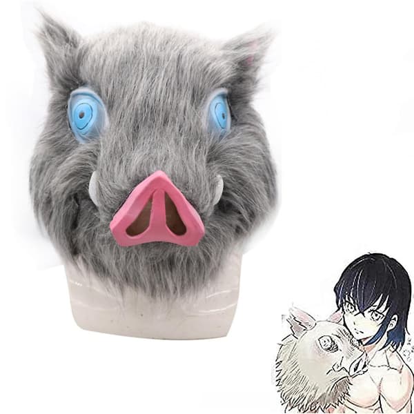 Demon Slayer Anime Hashibira Inosuke Gris Latexmaske Hodeplagg Cosplay Halloween Maskerade Fest Fancy Dress Kostyme Tilbehør