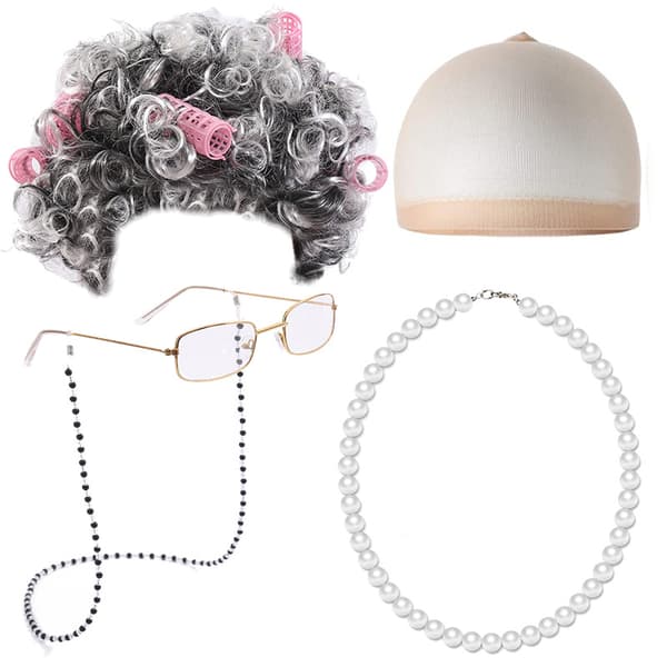 1 set gammalt dam peruk mormor kostym för kvinnor mormor peruk mormor glas