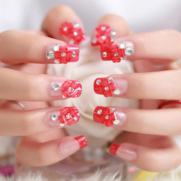 24 Pcs/set Red French Bride 3d Fake Nails Wrapped Tips Artificia One Size