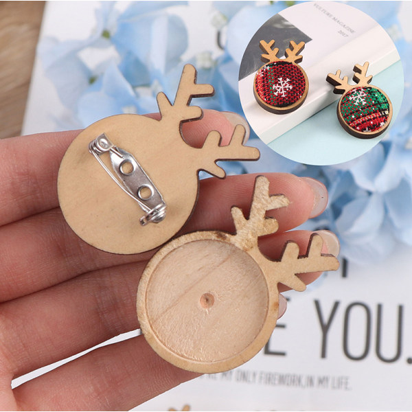 5pcs Christmas Wooden Deer 25mm Round Brooch Base Cabochon Blank One Size