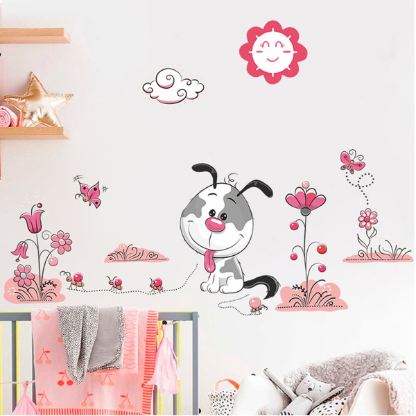 Cartoon Dogs Pet Puppy Flower Wall Stickers For Kids Rooms Home