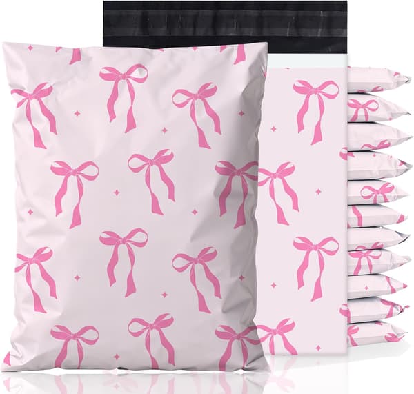 Rosa sløyfe polyetylen postpose, 25,50 x 33 cm, vanntett rosa fraktposeemballasje, 100 stk
