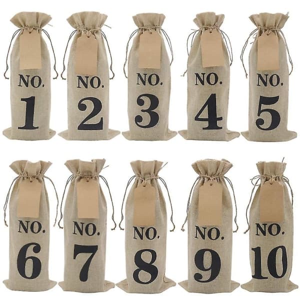 10 stk. Jute Vinposer med Etiketter for Blindsmaking av Vin, Nummererte Jute Stoff Glassflaske Gave B
