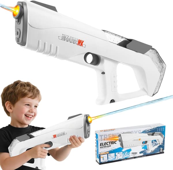 Automatisk sprøjtepistol vandpistol / Elektrisk vandpistol – LED, 10 m rækkevidde, sommerlege for voksne børn sommerpool strand udendørs, Grå