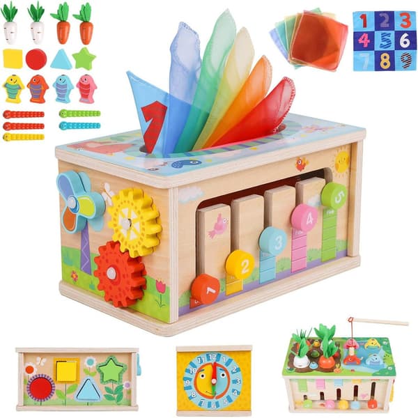Montessori-aktiviteettikuutio – 6-in-1 lelu 1–4-vuotiaille lapsille, aktiviteettilelu matkoille ja oppimiseen
