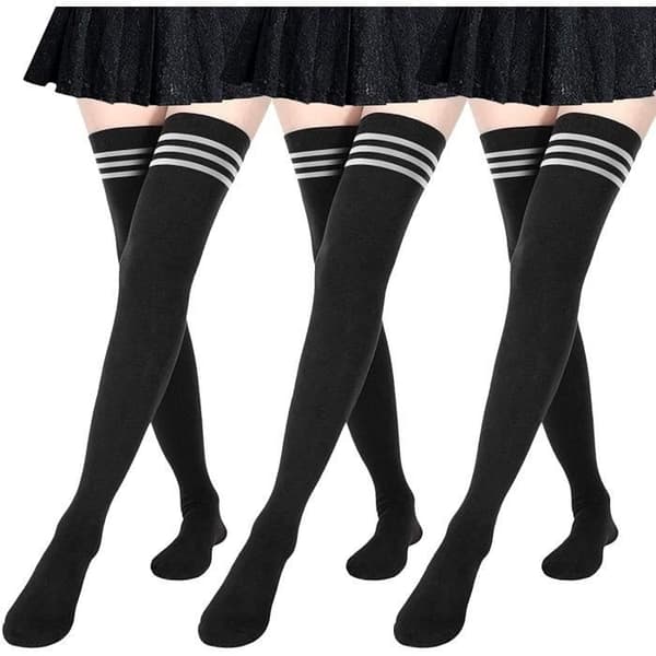 (m-hvite striper svart) Ekstra lange lårhøye knestrømper for kvinner for sport og cosplay, 3 deler