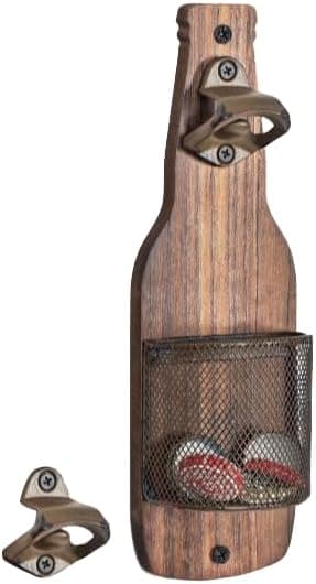 Vægmonteret træflaskeåbner med flaskehætteholder, ølåbner i landlig stil med netkurvdesign, et pladsbesparende tilbehør, der passer til