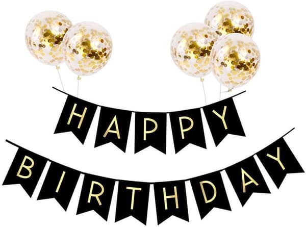 Gratulerer med dagen bursdagsbobler og 5 stk konfettifylte ballonger, gratulerer med dagen banner jente gutt helium bursdagsfestdekorasjon (svart bann