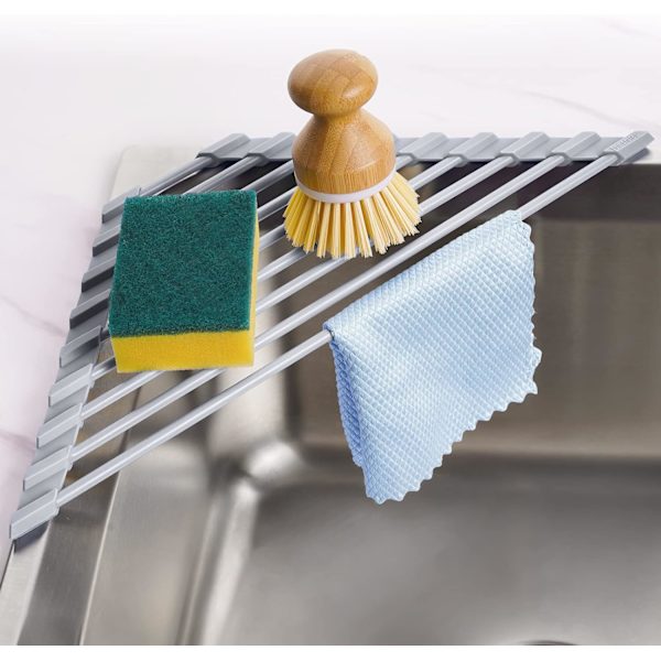 Litet triangulärt hopfällbart diskställ med silikonbeläggning, rostfritt stålram för diskbänkshörn, multifunktionellt avlopp (grå)