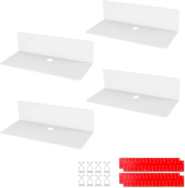 4 stk akryl flytende veggmontert hylle, 23*9,5 cm, hylle med selvklebende lim uten boring, med 8 kabelklips, liten hylle for kontor, bad, kjøkken, sov