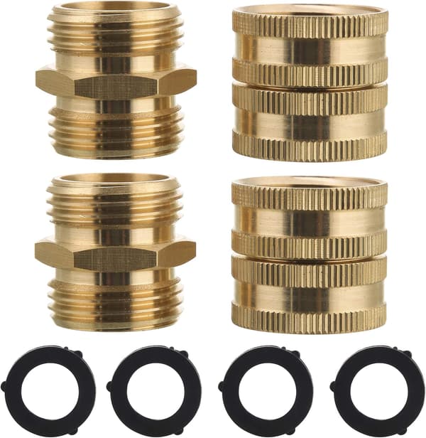Hageslange-adapter, hann til hann, hunn til hunn, 3/4 tommers messingkobling, 4-pakning med 4 ekstra skiver