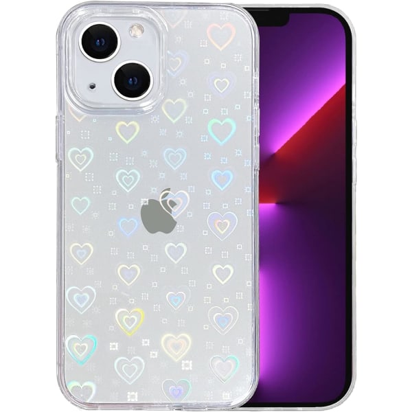 Kompatibel med iPhone 13 Case (No Fit iPhone 13 Pro) Klar Laser Glitter Bling Heart Mjuk och flexibel TPU och hård PC Stötsäker Case Kvinnor Flickor