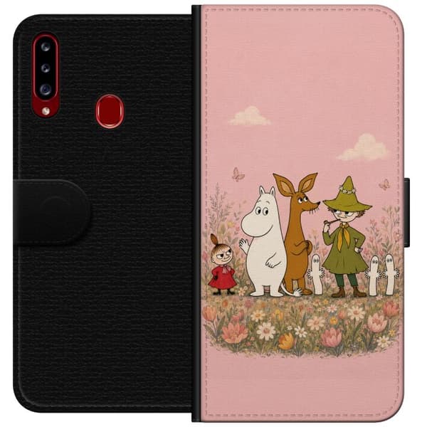 Kompatibel Tegnebogsetui til Samsung Galaxy A20s Mumitrolden og vennerne blandt farverne på blomsterengen i et eventyrligt og nostalgisk motiv.