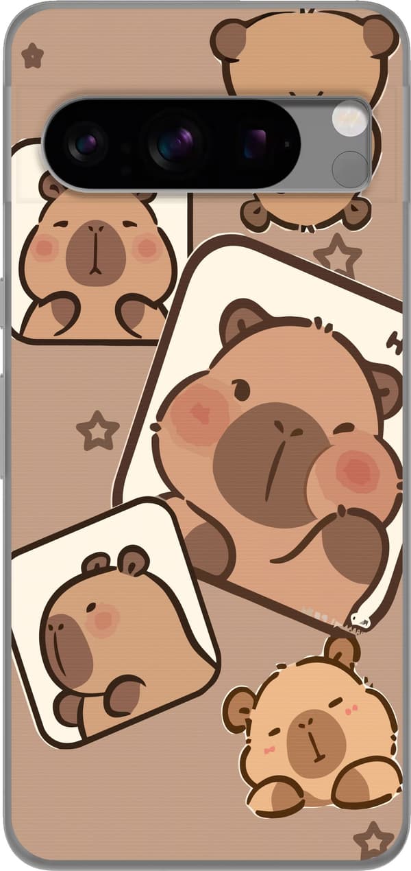 Kompatibelt Mobildeksel til Google Pixel 8 Pro Capybara Frame Friends Lekent design med små kapybaraer i ruter med stjerner og beige bakgrunn