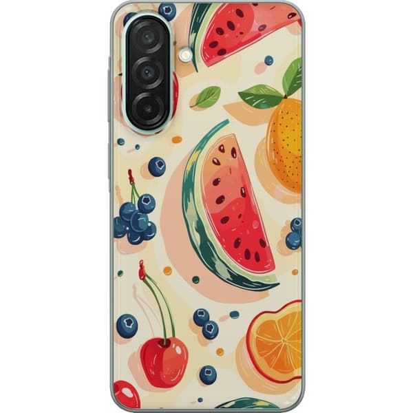 Kompatibel Mobilcover til Samsung Galaxy A26 Legesyg frugtillustration med vandmelon, citrus, jordbær, kirsebær og bær