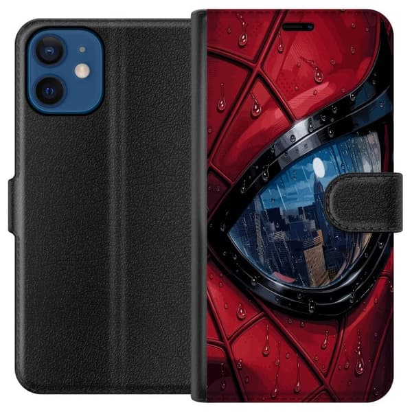 Yhteensopiva Lompakkokotelo Apple iPhone 12 Lähikuva Spider-Man-maskista, jossa on sadepisaroita ja kaupungin heijastus silmässä