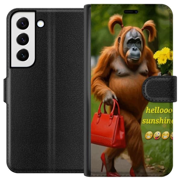 Kompatibelt Plånboksfodral till Samsung Galaxy S22 5G Humoristisk orangutang med röd handväska och blommor, rolig djurbild perfekt för humor och färg