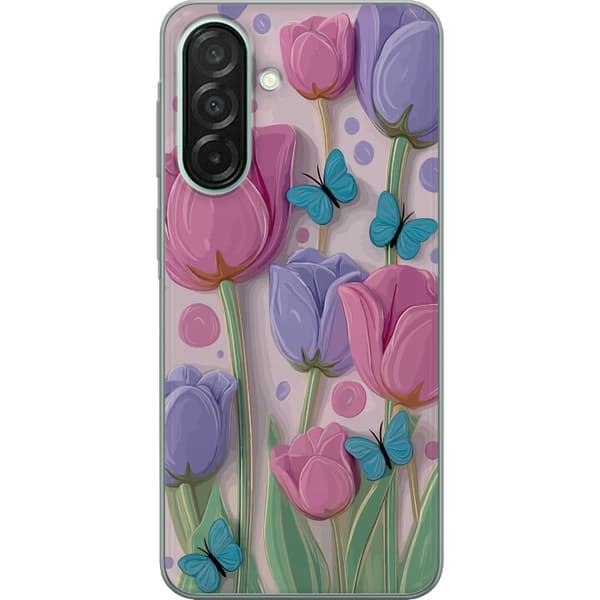 Kompatibel Mobilcover til Samsung Galaxy A26 Farverige tulipaner med sommerfugle i bløde pastelfarver, romantisk blomstermotiv