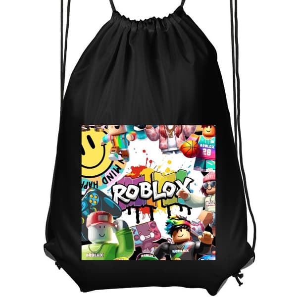Gympose Svart Lekent motiv med Roblox-figurer, spillkontroller og fargerike detaljer