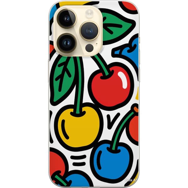 Kompatibel Mobilcover til Apple iPhone 15 Pro Lærerigt kirsebærmotiv med stærke farver og grafisk popkunst stil