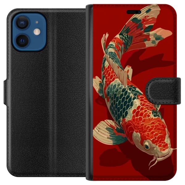 Kompatibel Tegnebogsetui til Apple iPhone 12 Farverig koi-fisk med detaljerede skalaer mod en rød baggrund i et klassiskt japansk inspireret motiv