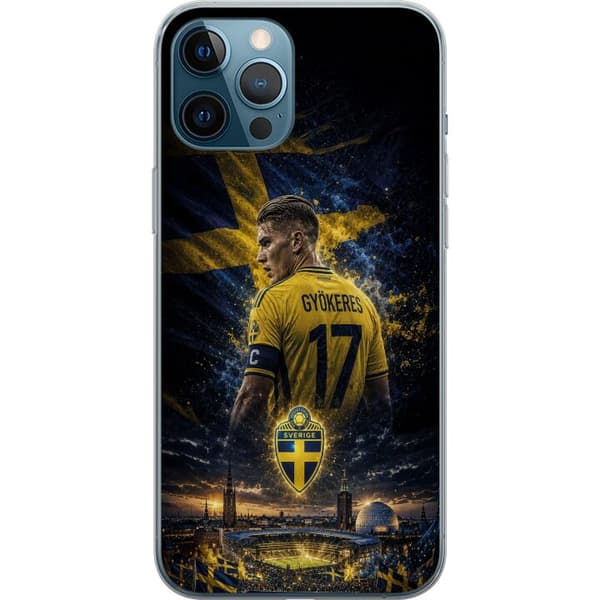 Yhteensopiva Puhelinkuori Apple iPhone 12 Pro Max Viktor Gyökeres ruotsalaisella lipulla, jalkapallo areena ja sinikeltainen kannattajien motiivi