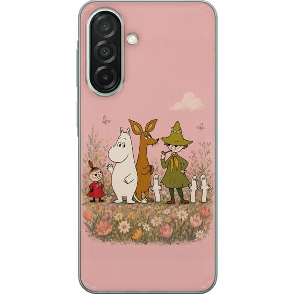 Kompatibel Mobilcover til Samsung Galaxy A26 Mumitrolden og vennerne blandt farverne på blomsterengen i et eventyrligt og nostalgisk motiv.