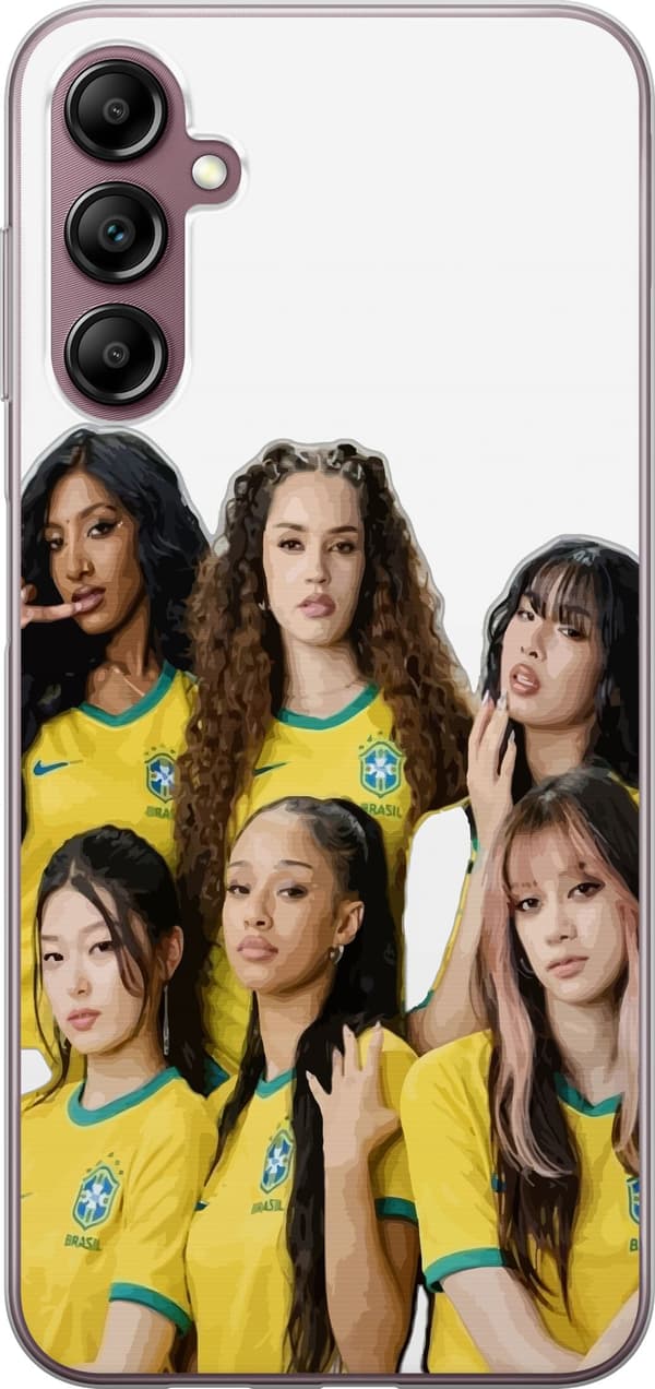 Kompatibelt Mobildeksel til Samsung Galaxy A14 5G KATSEYE poserer sammen i gule og grønne fotballdrakter mot en ren hvit bakgrunn
