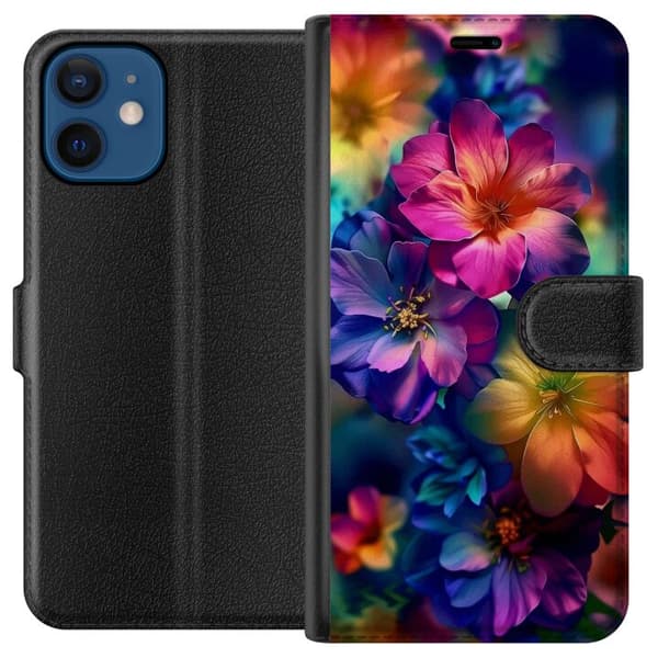Yhteensopiva Lompakkokotelo Apple iPhone 12 Kimaltavat kukat rohkeissa neonväreissä pehmeillä siirtymillä, eloisa ja unelmainen kukkadesigni.