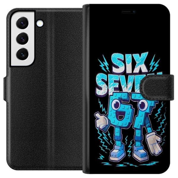 Kompatibelt Plånboksfodral till Samsung Galaxy S22 5G Cool blå speltext med elektriska blixtar och tecknad streetstil för gamers