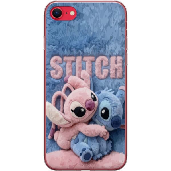 Yhteensopiva Puhelinkuori Apple iPhone SE (2020) Söpöt, pörröiset Stitch ja Angel halaavat toisiaan pehmeällä, karvaisella alustalla, jonka pastelliv