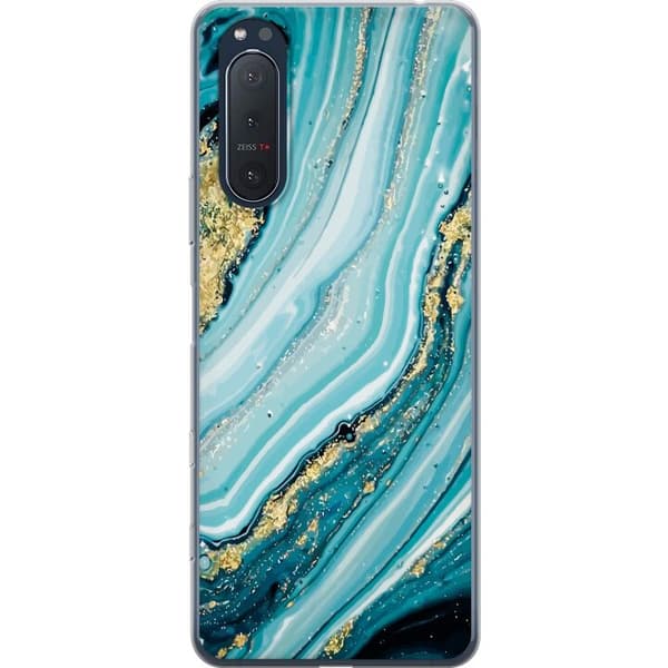 Kompatibelt Mobildeksel til Sony Xperia 5 II Abstrakt marmorering i turkis, hvitt og gull med flytende glittereffekt
